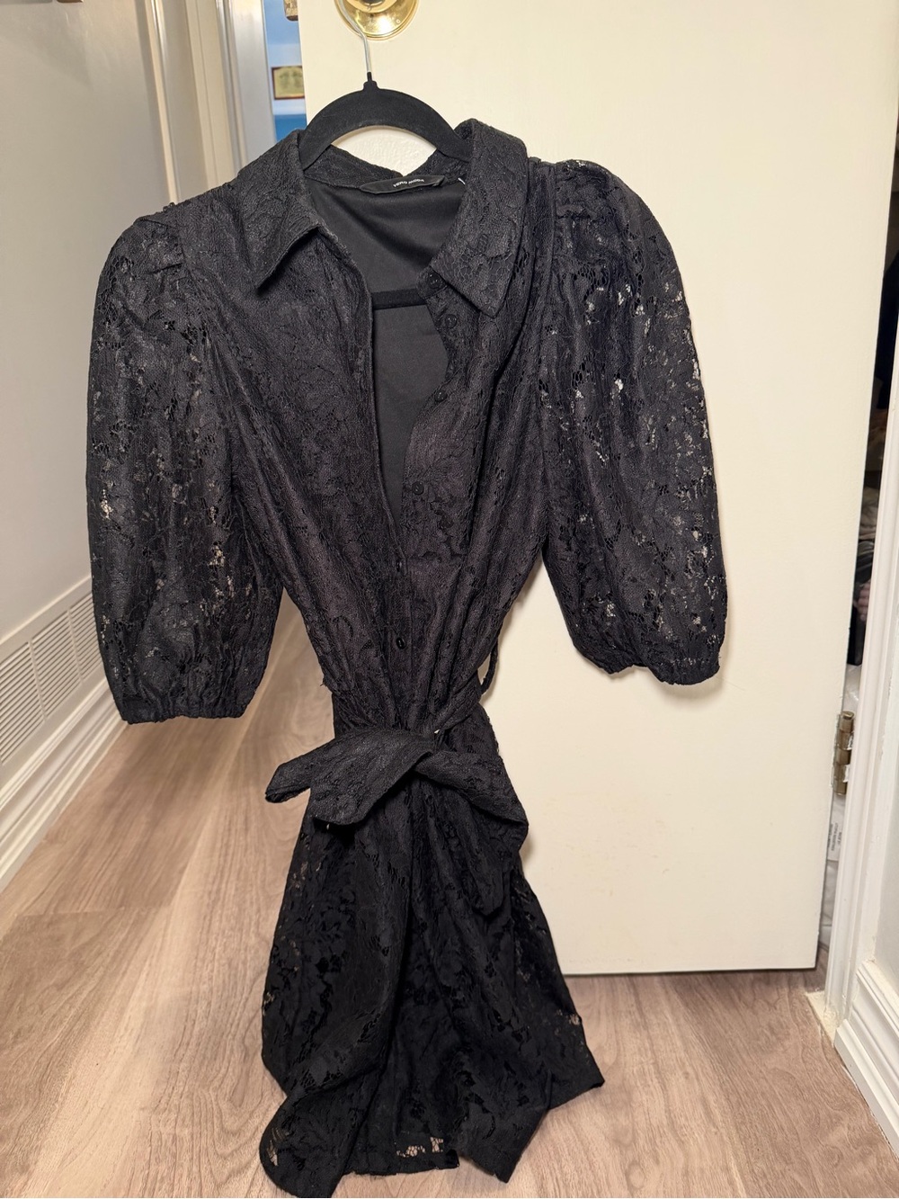 Vero Moda Black Lace Midi Dress with Puff Sleeves & Tie Waist